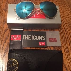 NEW Rayban Aviator Sunglasses Blue Tint Gold Frame